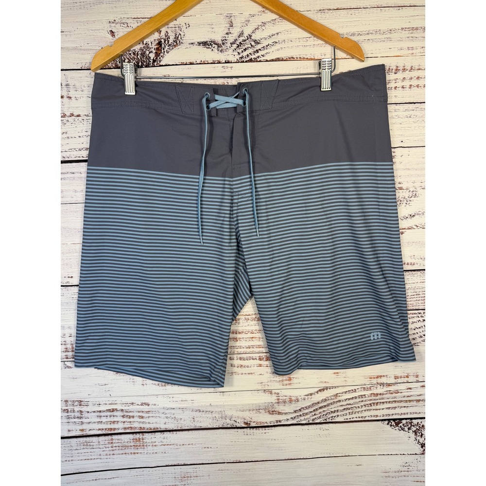 TravisMathew Board Shorts Striped Men 36 Grey Blue Swim Trunks Surf Gorpcore
